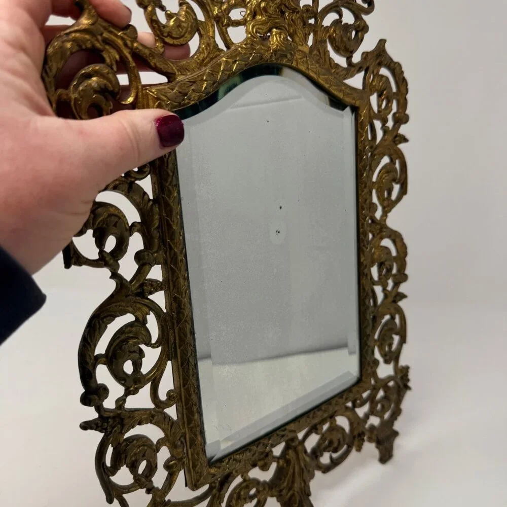 1800s Antique Victorian Bacchus Gilded Brass Wall Mirror Beveled Glass
